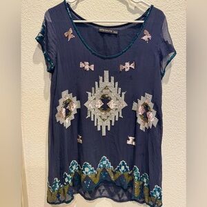 Antik Batik Navy Chiffon and Sequin Blouse - size medium